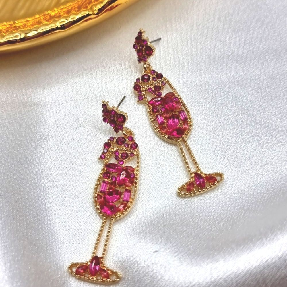 New! Pink Rhinestone Champagne Flute Dangle Earrings